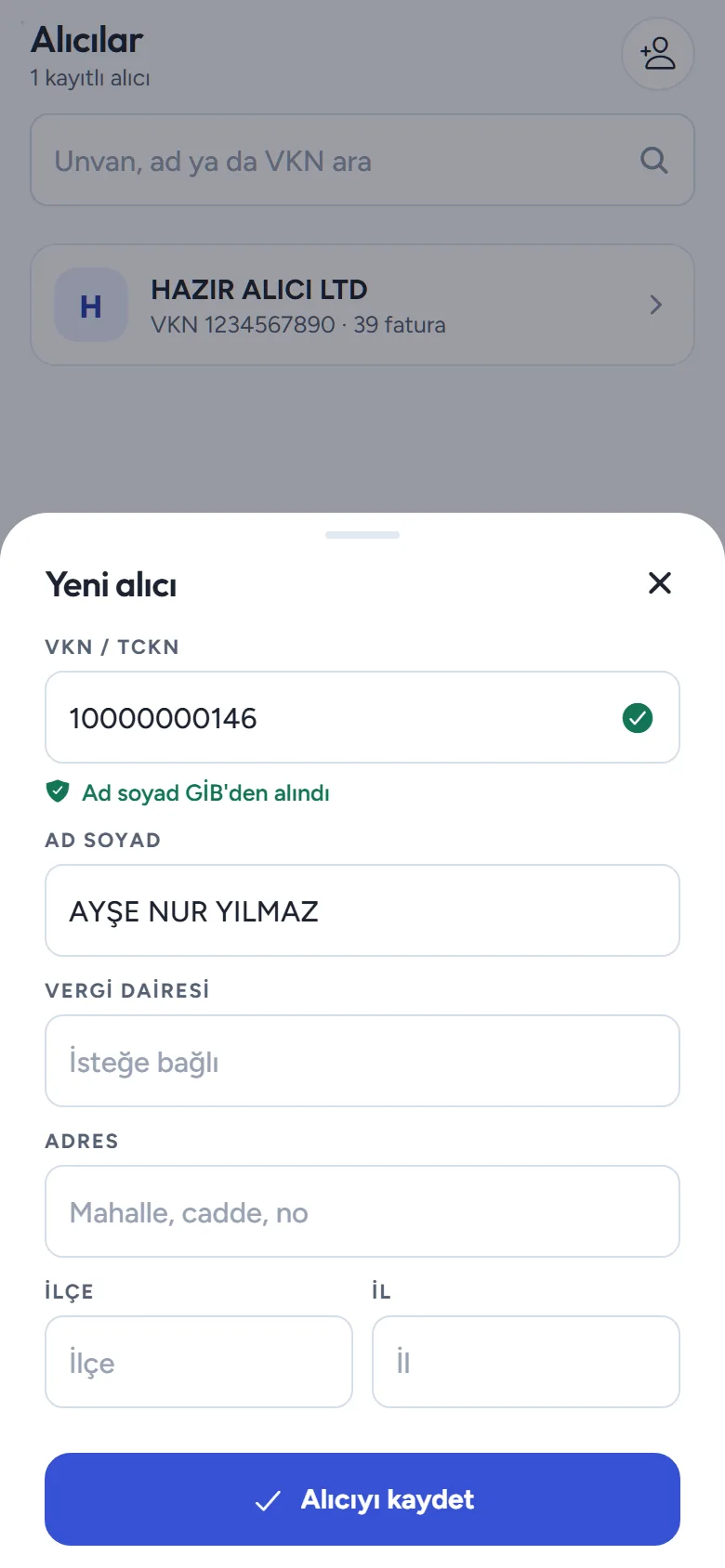 Yeni alıcı: TCKN yazınca ad soyad GİB'den gelir